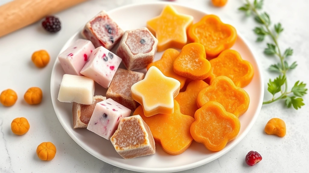 frozen treat recipes for dogs -
Photorealistic image of homemade frozen dog treats in various shapes and colors