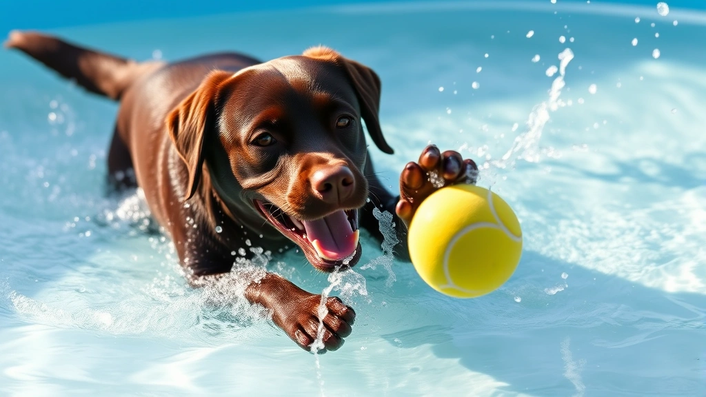 games for dogs -
Chocolate Labrador retrieving a tennis ball from shallow water in kiddie pool, 