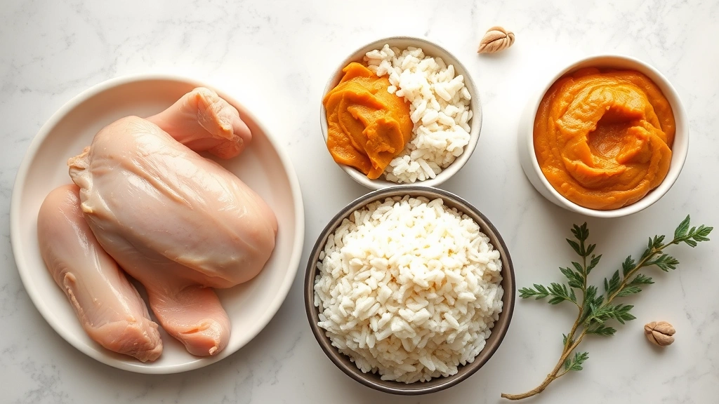 gastroenteritis in dogs -
Photorealistic flat lay of bland dog food ingredients including plain boiled ch