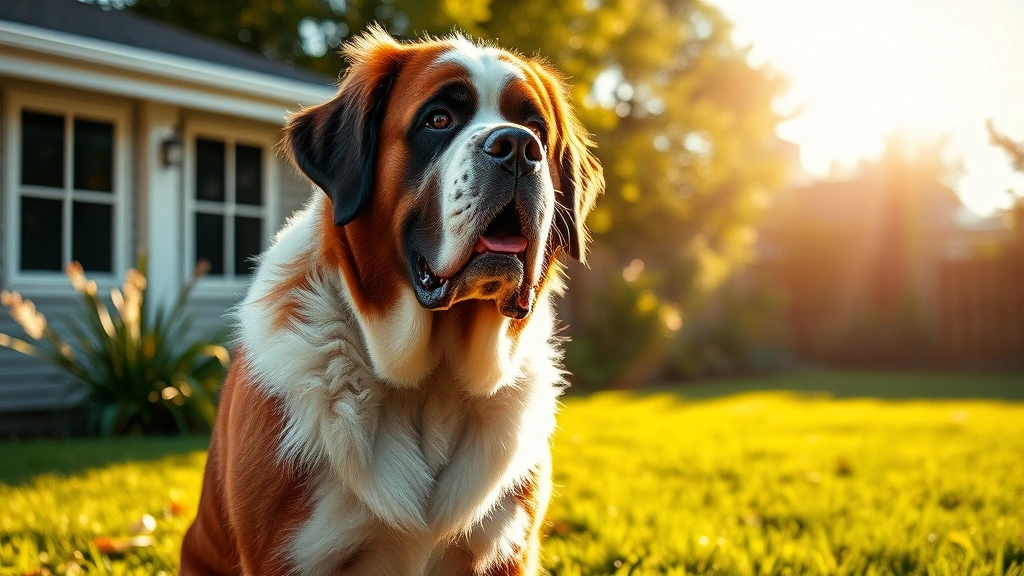 gentle giant dog food -
Photorealistic photo of a Saint Bernard standing in a sunny backyard with a shi