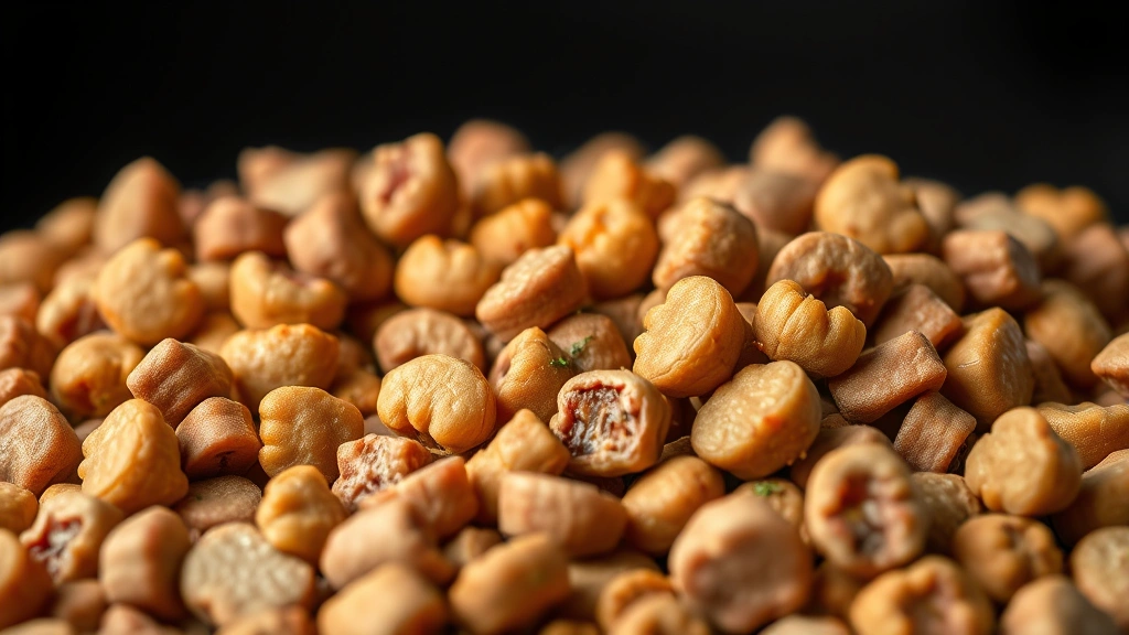 gentle giant dog food -
Photorealistic close-up of premium dog food kibble pieces with visible whole me