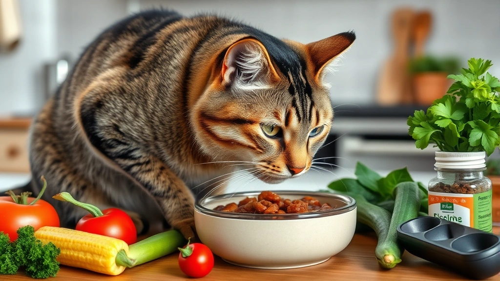 geriatric pet feeding tips -
Photorealistic image of an older tabby cat eating wet food from a ceramic bowl,