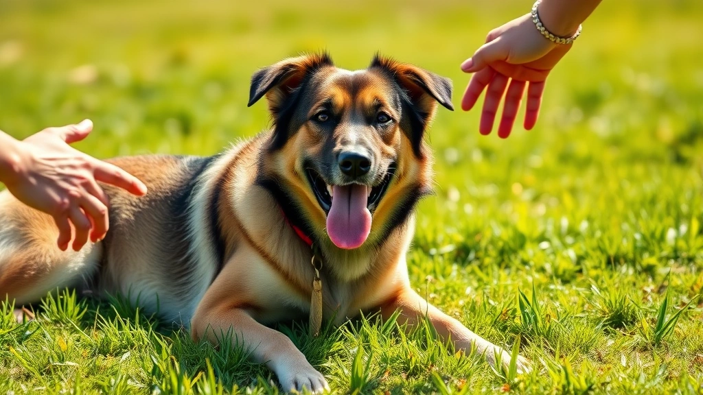 german dog commands -
A happy dog lying down on grass during a training session with handler’s 
