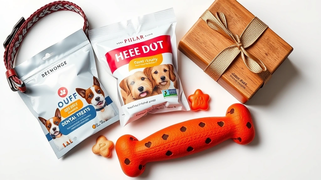 gifting dog -
A collection of dog gifts arranged on a white surface including a designer dog 