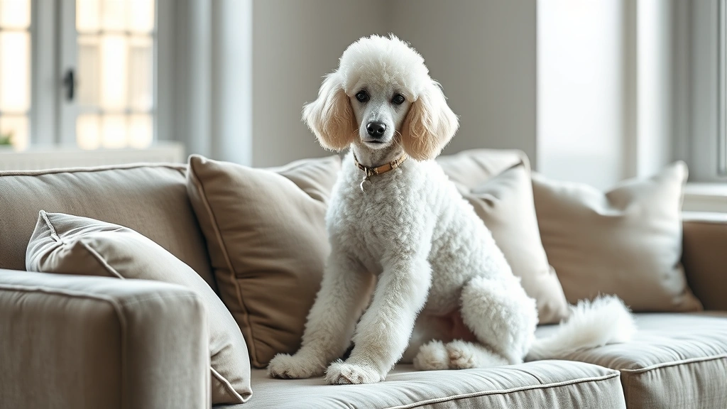 girl dog names unique -
Photorealistic image of an elegant female white poodle sitting gracefully on a 