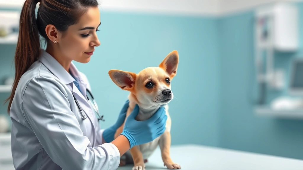 glandex for dogs -
Photorealistic image of a small dog being examined by a female veterinarian in 