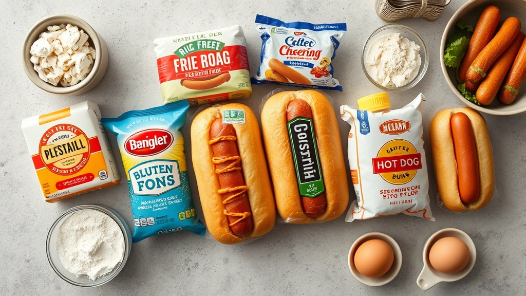 gluten free hot dog buns -
Photorealistic overhead shot of various gluten free hot dog bun brands arranged