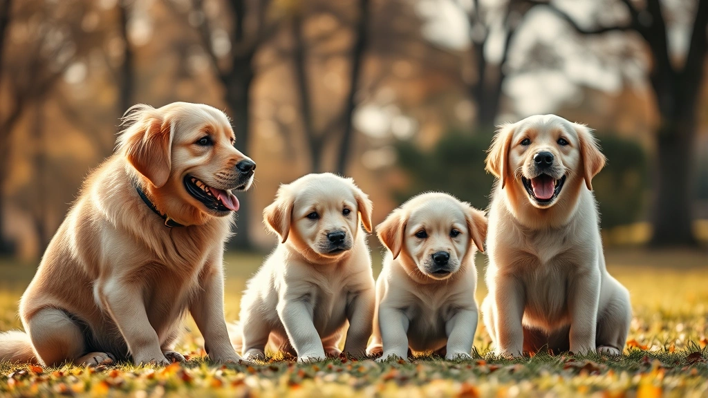 golden breed dog price -
Photorealistic style: Golden Retriever family with two puppies and adult dog pl