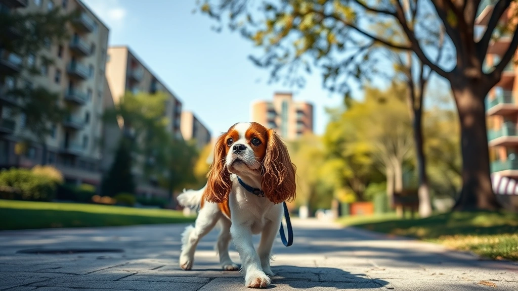 good apartment dogs -
Photorealistic Cavalier King Charles Spaniel on a leash during a sunny urban pa