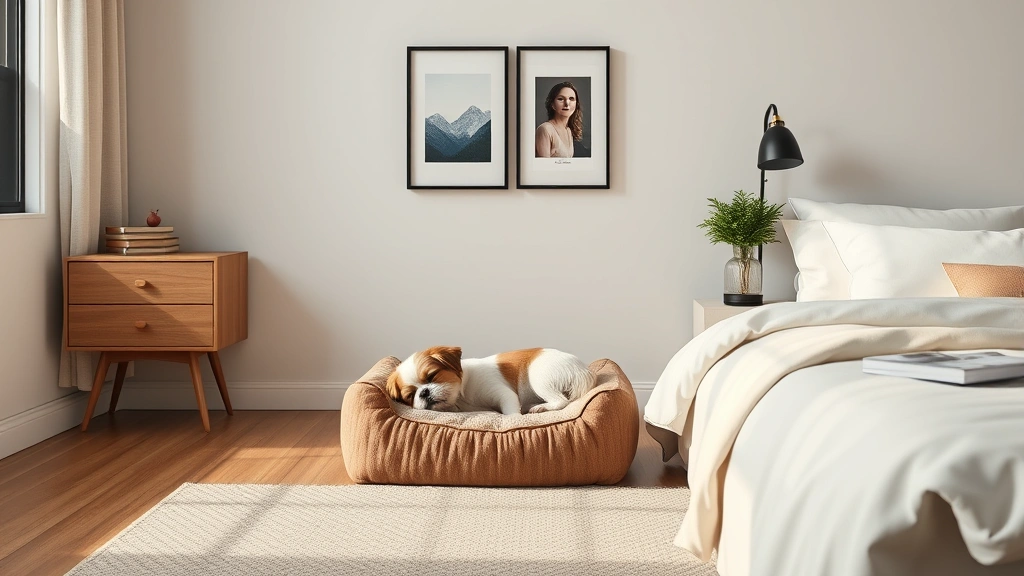 good apartment dogs -
Photorealistic small dog bed setup in corner of minimalist apartment bedroom, S