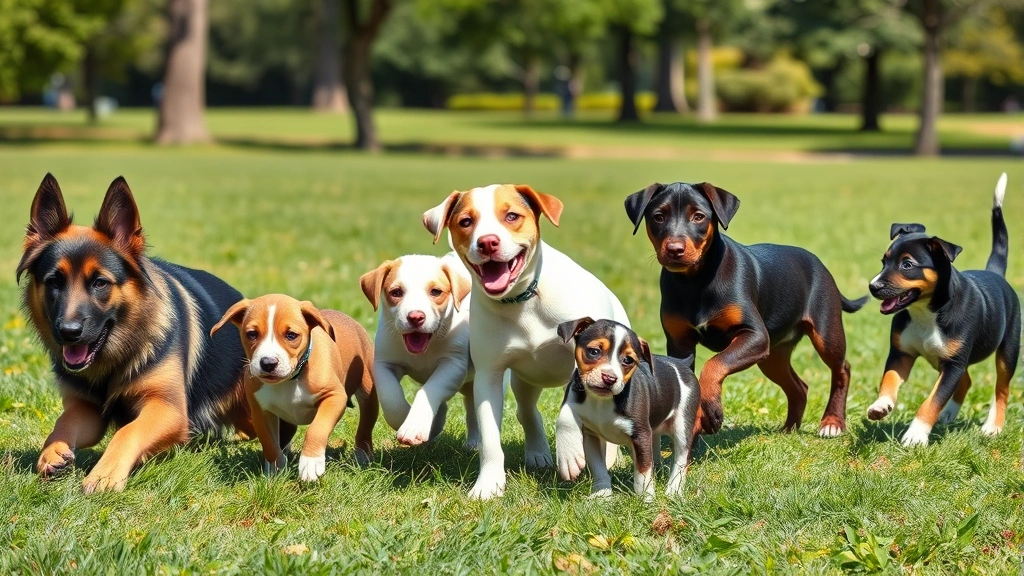 good dog names -
A diverse group of puppies of different breeds playing together in a grassy par
