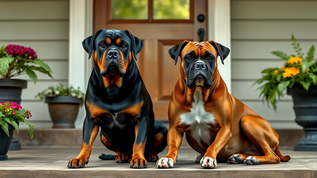 good guard dogs -
Photorealistic photograph of a Rottweiler and Boxer sitting side by side on a f