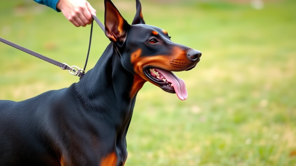 good security dog -
Photorealistic Doberman Pinscher in a training session with handler, focused an