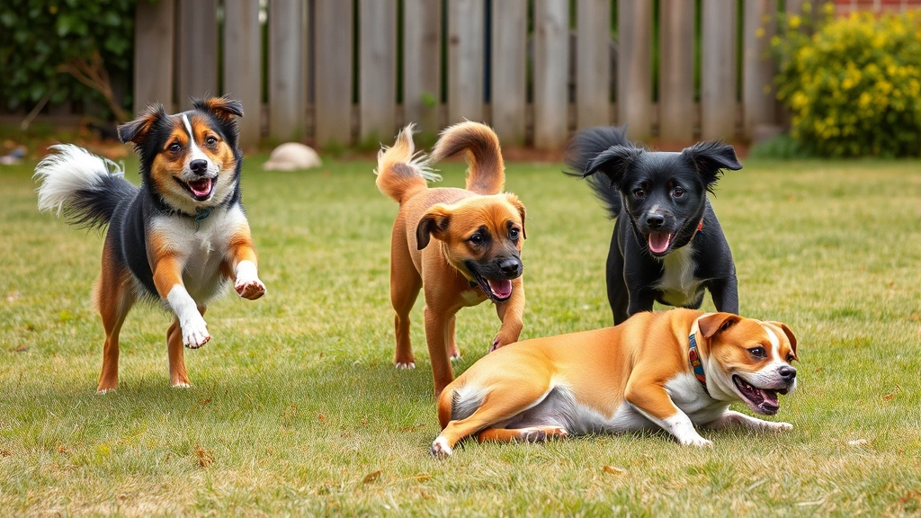goofy ahh dog -
A group of three different dog breeds playing chaotically in a grassy yard, one