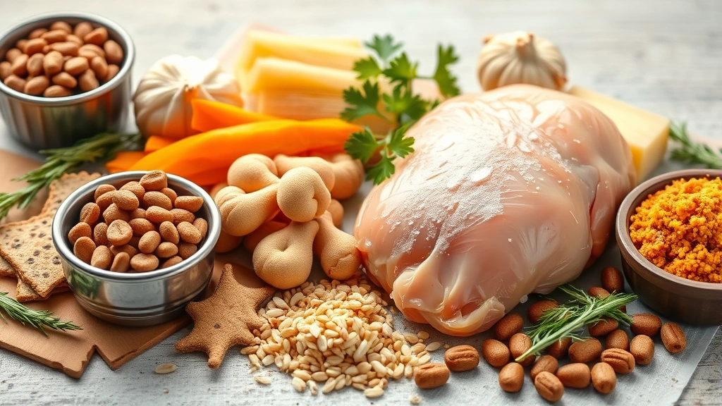 grain-free feeding schedule -
Photorealistic image of various grain-free pet food ingredients including chick