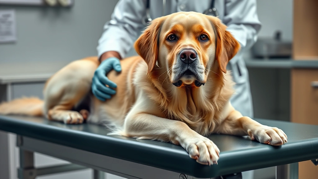 grapes and raisins in dogs -
Photorealistic image of a concerned golden retriever lying on a veterinary exam