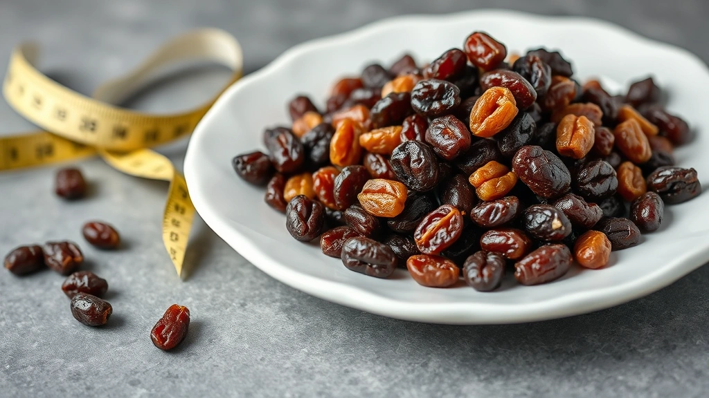 grapes and raisins in dogs -
Photorealistic pile of dark raisins and dried fruit on a white ceramic plate wi