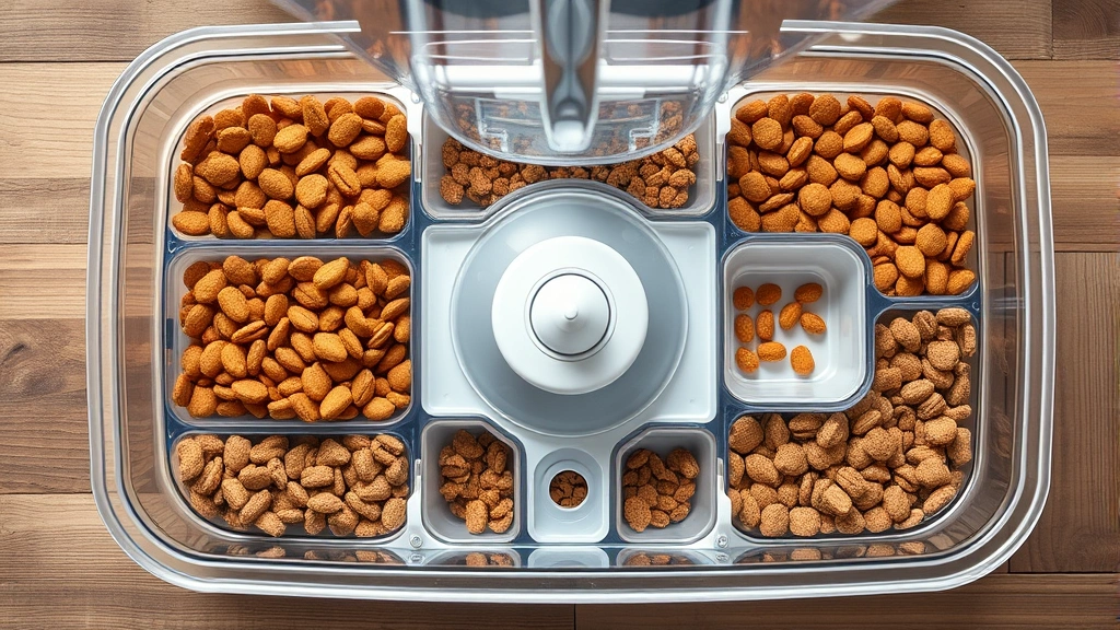 gravity feeders for pets -
Photorealistic overhead view of a large-capacity transparent gravity feeder for