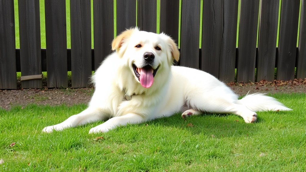 great pyrenees anatolian shepherd dog mix -
Great Pyrenees Anatolian Shepherd mix lying on grass near wooden fence
