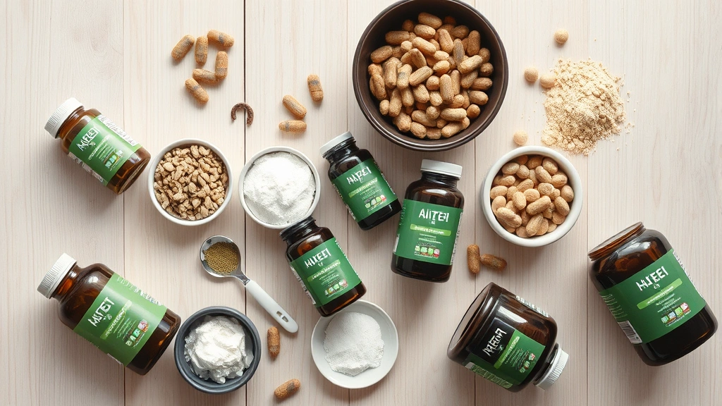 green-lipped mussel supplements -
Photorealistic overhead shot of various pet supplement bottles and powders arra