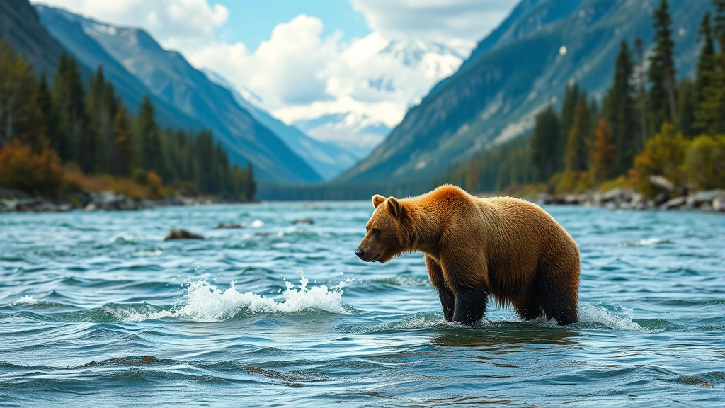 grizzly bear dog walker encounter -
A grizzly bear standing in a river during salmon season, water splashing, majes