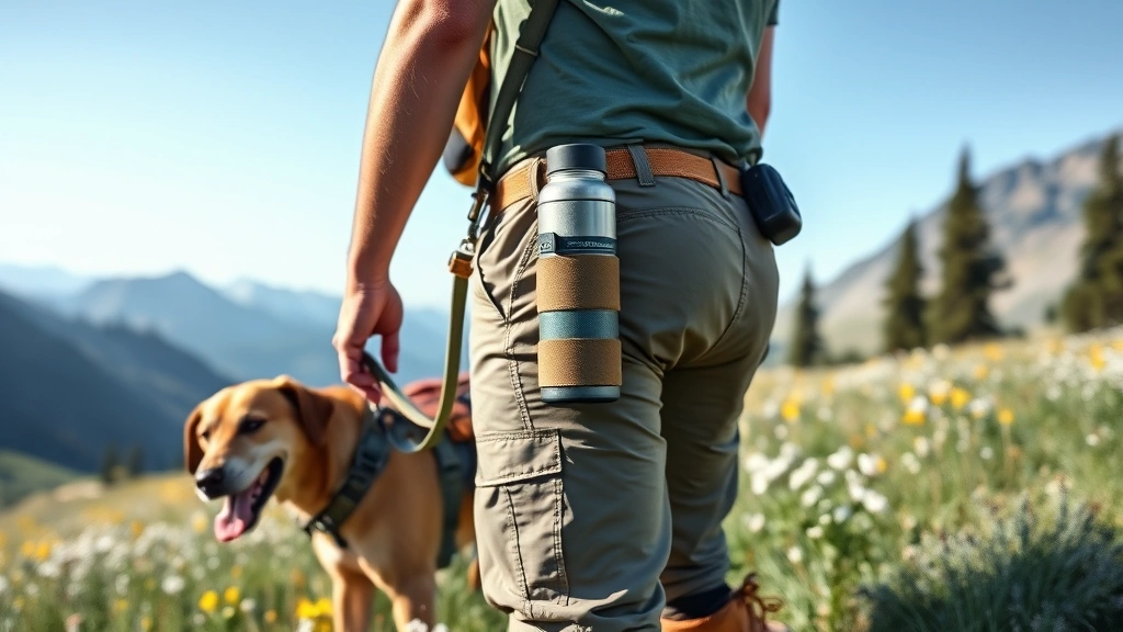 grizzly bear dog walker encounter -
A hiker holding bear spray canister on hip belt with dog beside them on short l