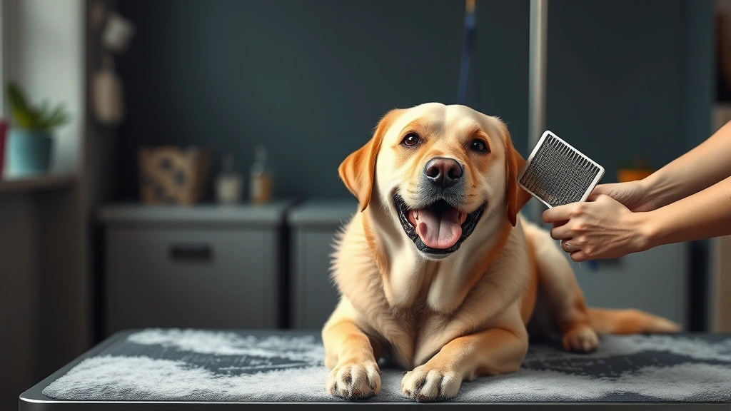 grooming brush dog -
Photorealistic image of a happy labrador retriever sitting on a grooming table 