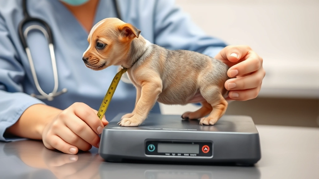 growth phase feeding schedule -
A veterinarian measuring and weighing a growing puppy on a scale during a healt