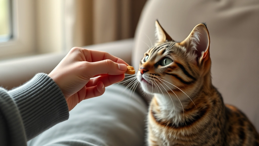 hand feeding techniques -
Photorealistic image of a person hand feeding a tabby cat a small treat, cat&#8