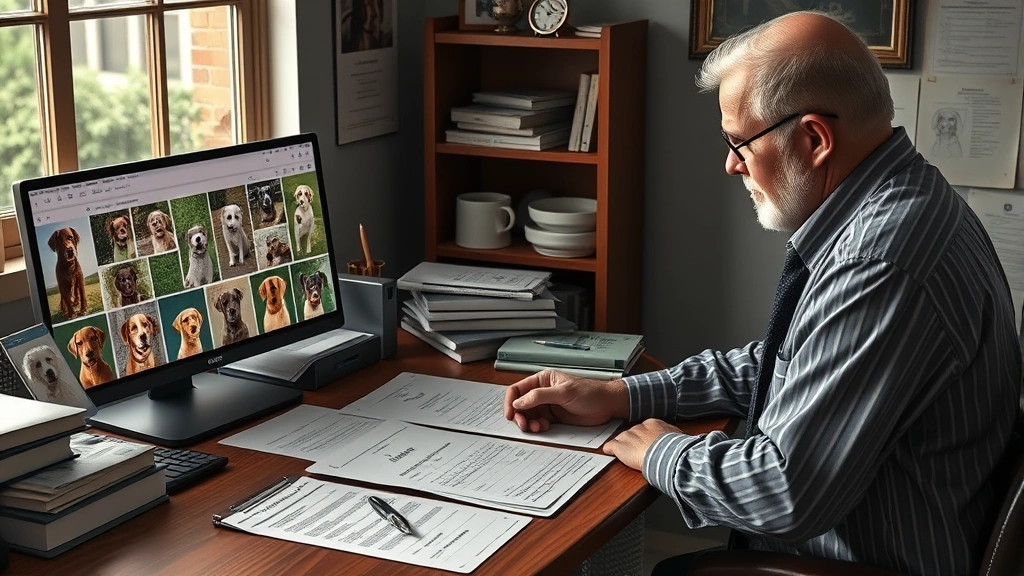 happy jack milkade dog breeding -
Photorealistic image of a responsible dog breeder reviewing detailed pedigree d