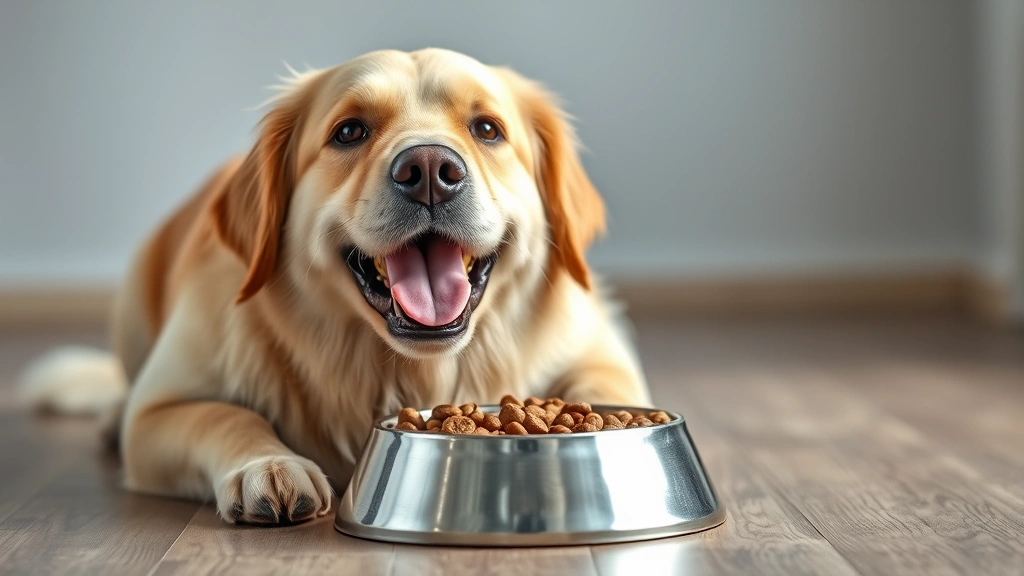 health extension dog food -
Photorealistic happy golden retriever eating from a stainless steel bowl filled