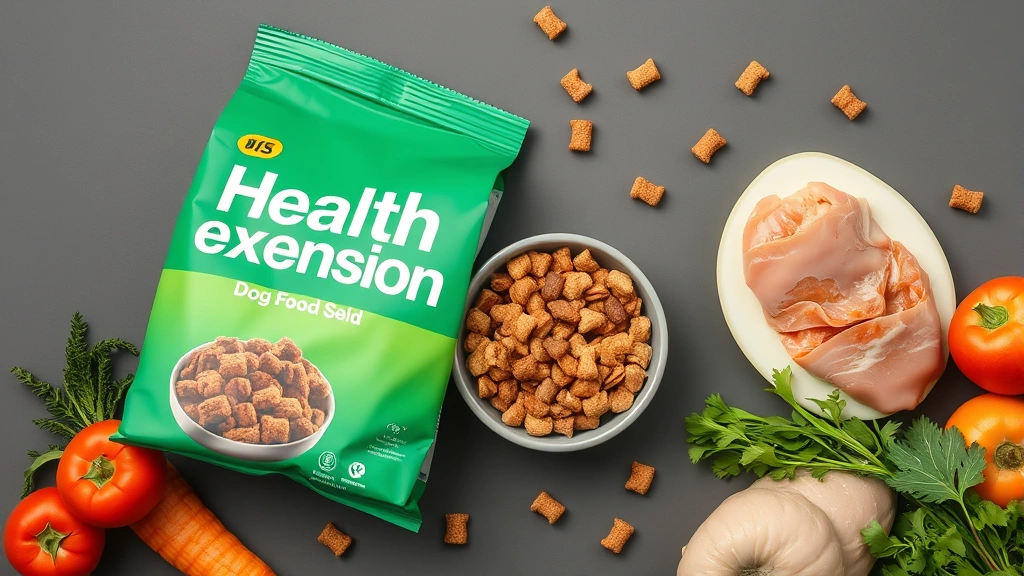 health extension dog food -
Photorealistic flat lay of health extension dog food bag with bowl of kibble an