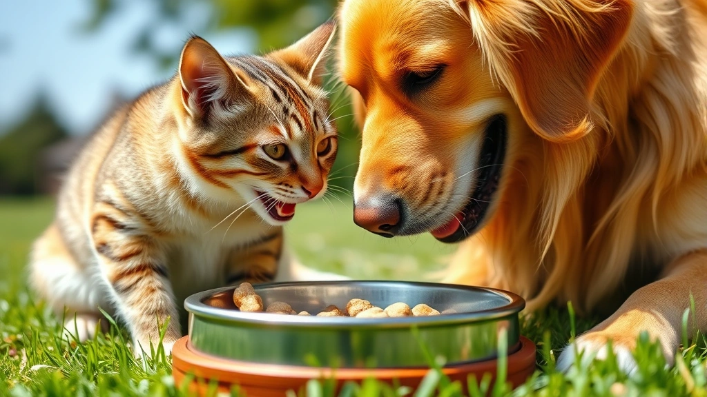 healthy human foods for pets -
Photorealistic close-up of a golden retriever and tabby cat sharing a meal bowl