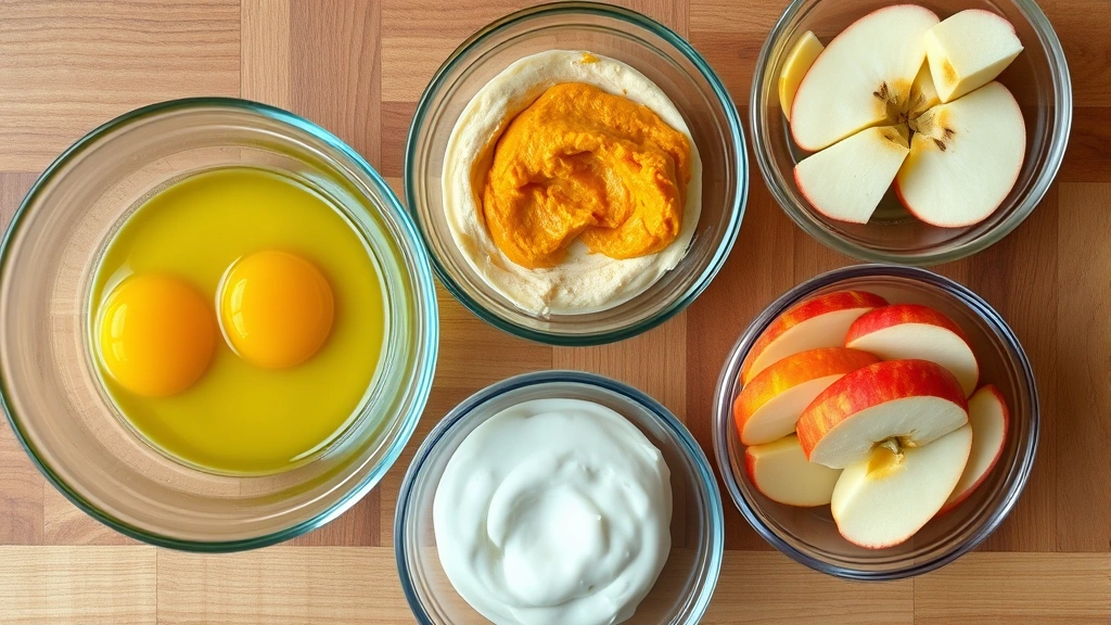 healthy human foods for pets -
Photorealistic overhead shot of various healthy foods in separate glass bowls: