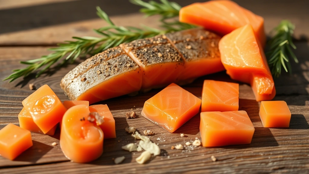healthy pet treats -
and salmon treats arranged on a wooden surface with natural lighting
