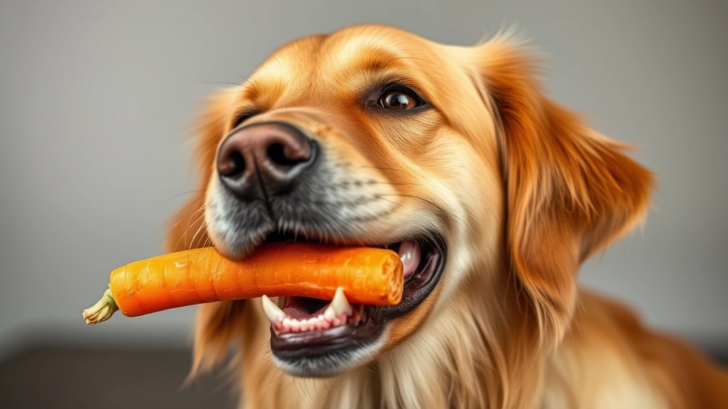 healthy pet treats -
Photorealistic image of a happy golden retriever dog mid-chew with a carrot sti