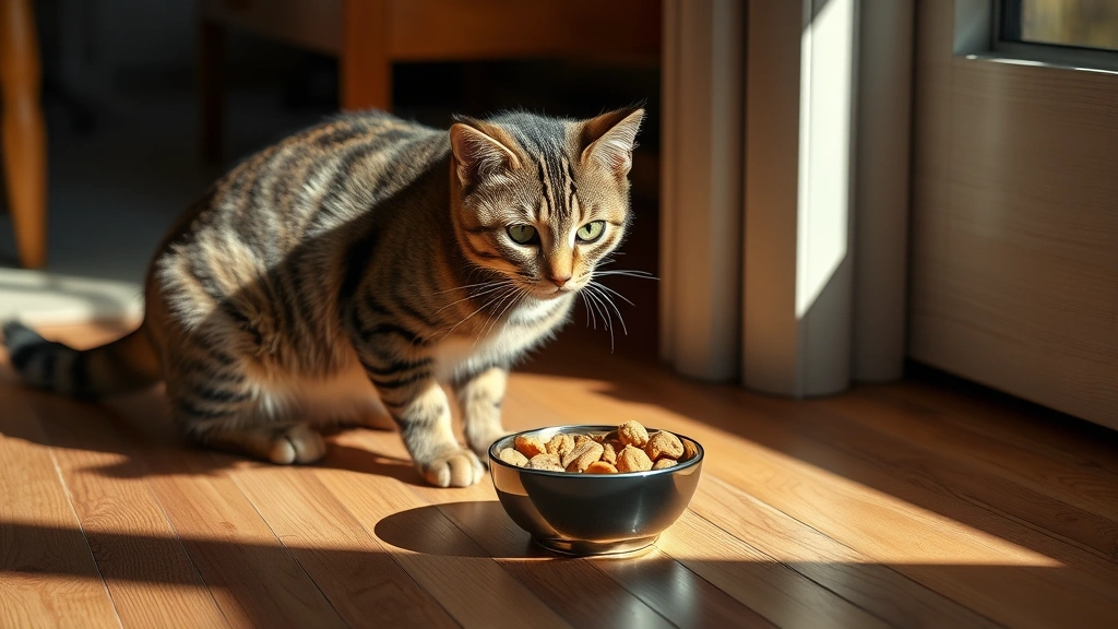 healthy snack timing -
Photorealistic image of a tabby cat next to a small bowl of treats on a hardwoo