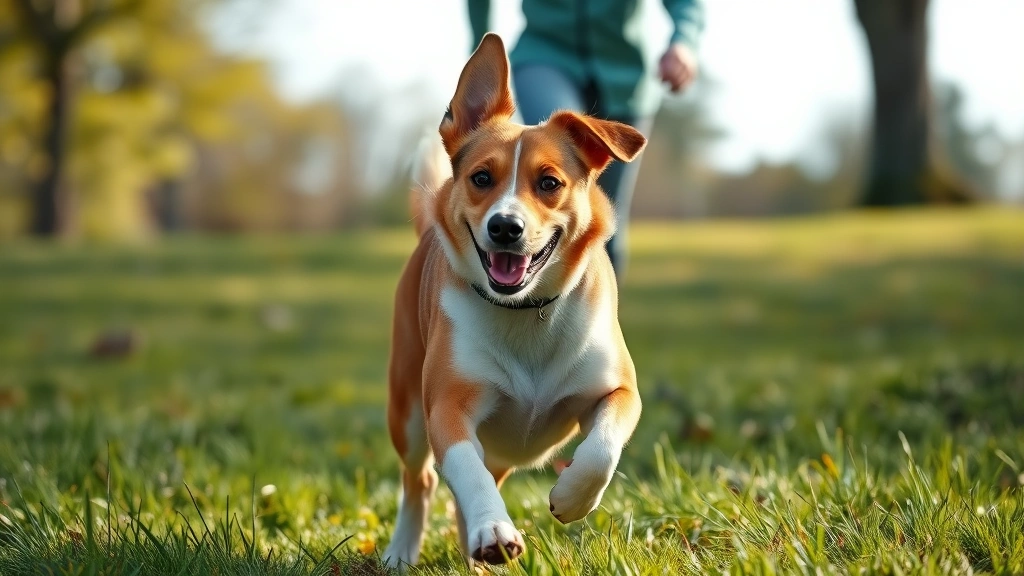 healthy snack timing -
Photorealistic image of a mixed breed dog running through a grassy park with ow