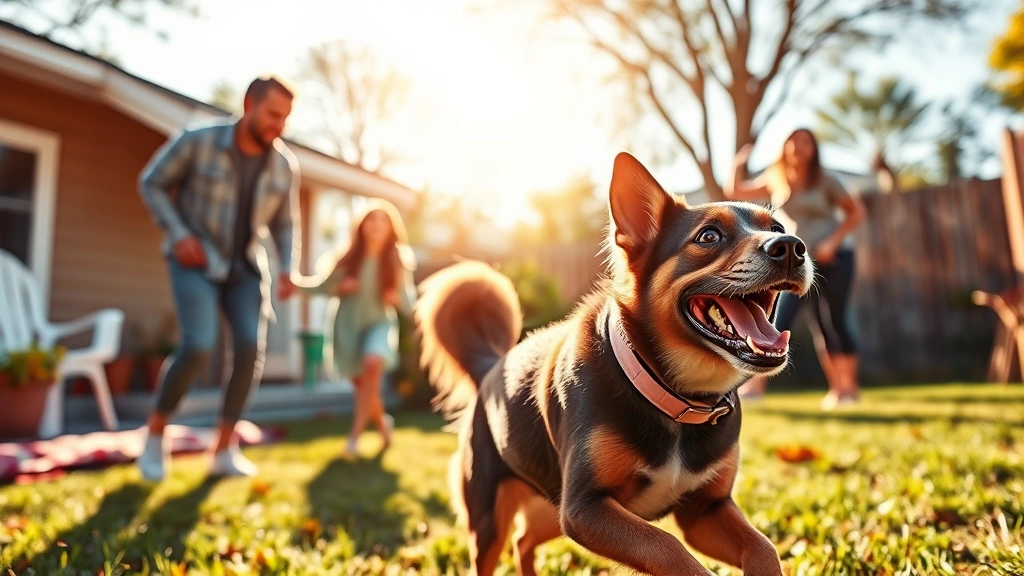 heartbreaking shelter dog video -
Photorealistic image of a happy adopted dog playing in a sunny backyard with th
