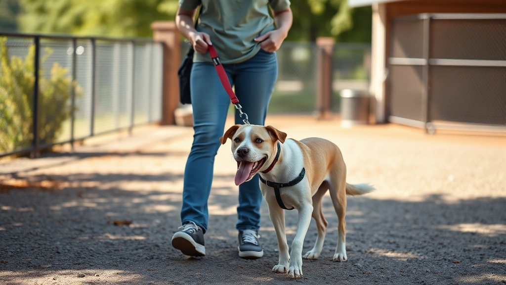 heartbreaking shelter dog video -
Photorealistic image of a shelter volunteer walking a dog on a leash in an outd