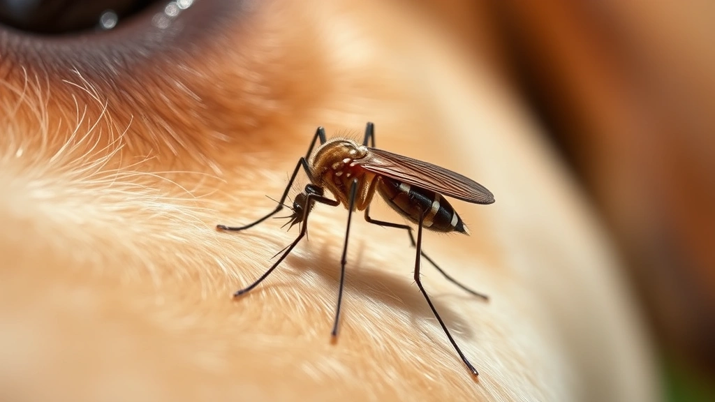 heartworm in dogs -
Photorealistic image of a mosquito in macro detail on a dog’s fur, showin