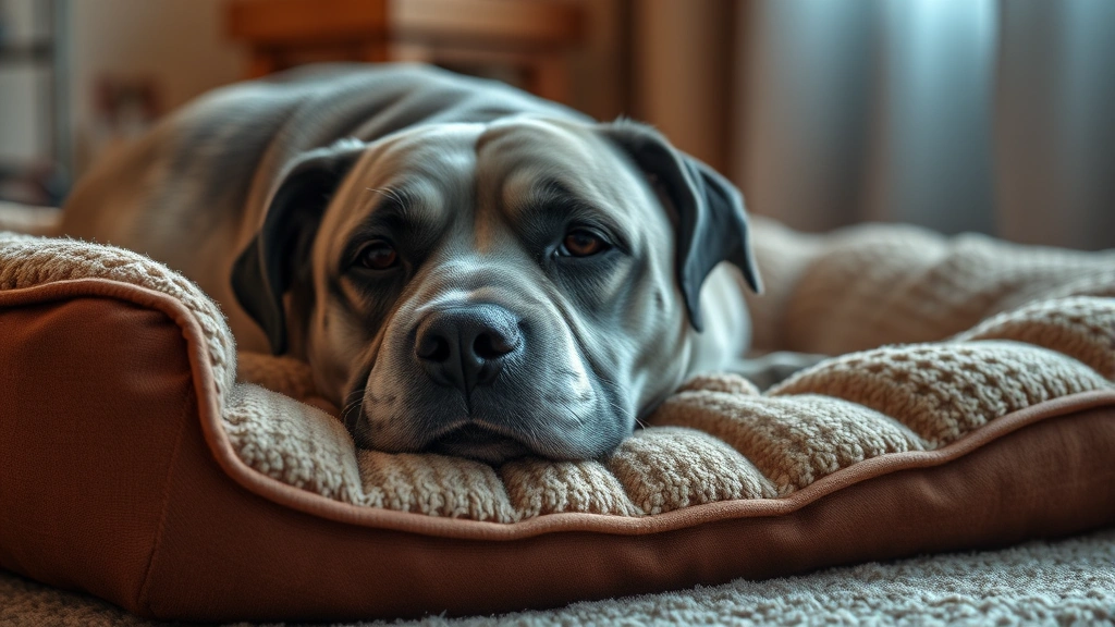 heated dog bed -
Photorealistic image of an elderly senior dog with gray muzzle resting contente
