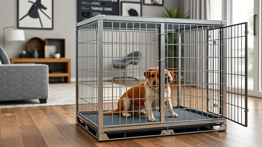 heavy duty dog crate -
Photorealistic image of a heavy-duty metal dog crate with 16-gauge steel constr