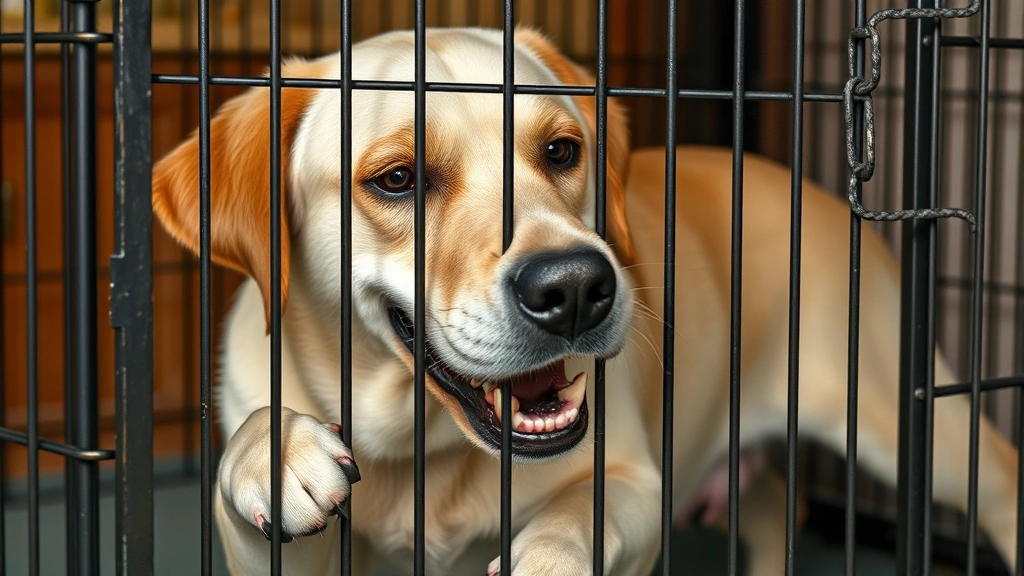 heavy duty dog crate -
Photorealistic image of a Labrador Retriever attempting to chew on the bars of 