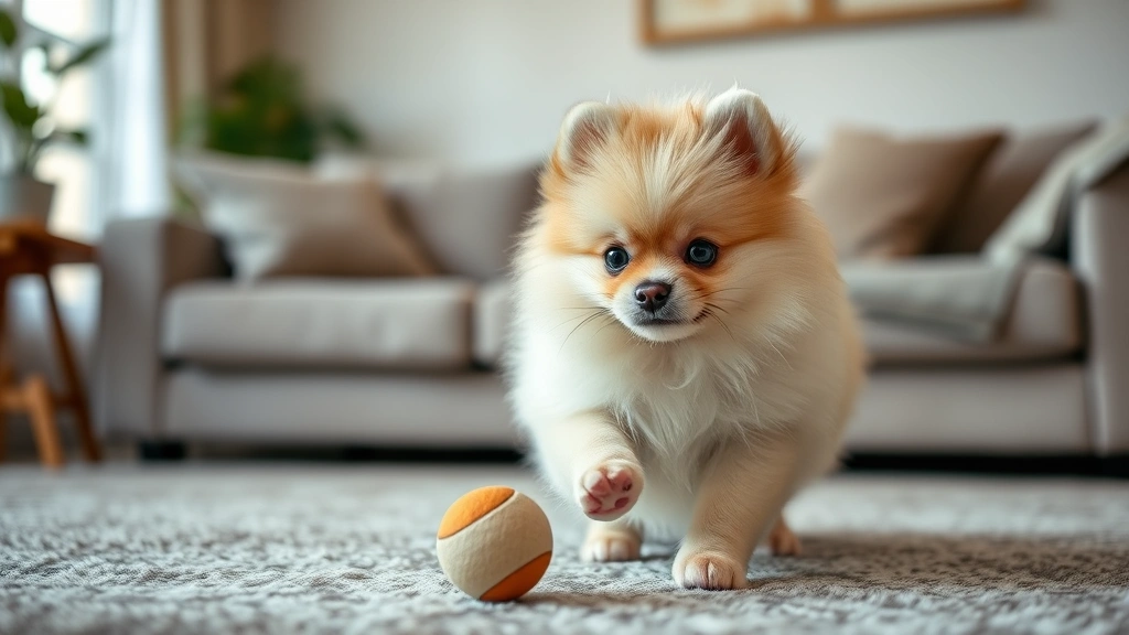 hello kitty dog -
A tiny Pomeranian with fluffy cream-colored coat playing with a small toy ball 