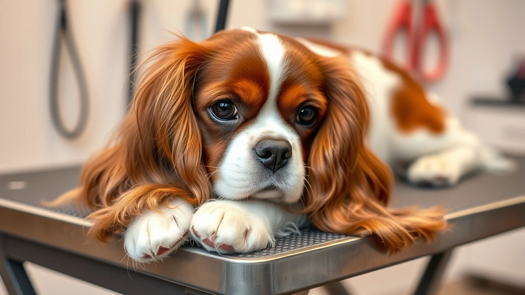 hello kitty dog -
A Cavalier King Charles Spaniel with silky brown and white coat resting on a gr