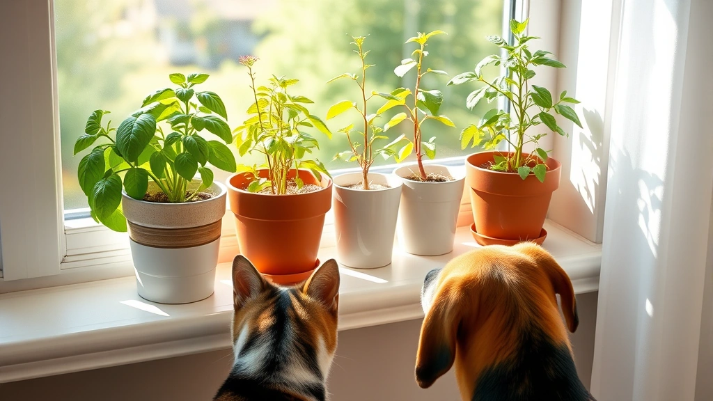 herbs safe for pets -
Photorealistic image of a small herb garden with potted basil, catnip, and mint