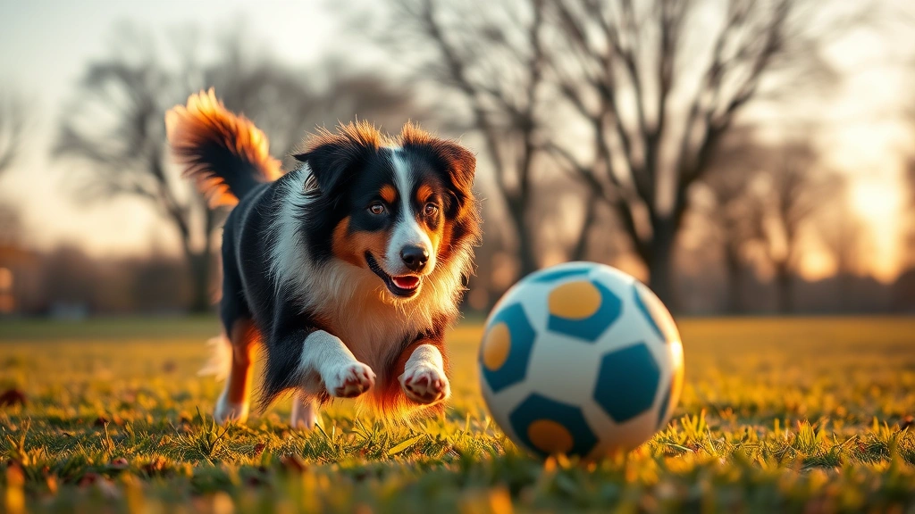 herding ball for dogs -
photorealistic image of an Australian Shepherd dog playing with a 36-inch infla