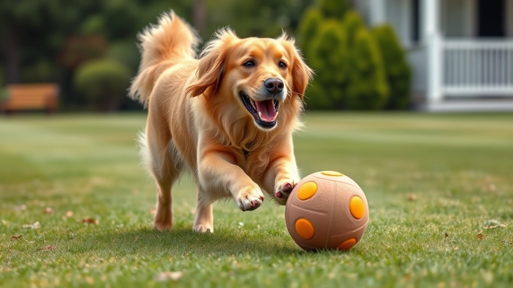 herding ball for dogs -
photorealistic image of a happy Golden Retriever chasing and pushing a textured
