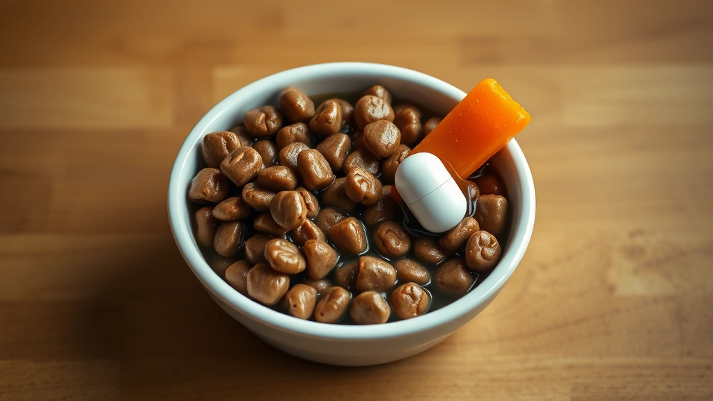 hiding pills in food -
Photorealistic overhead shot of a small white ceramic bowl containing wet dog f